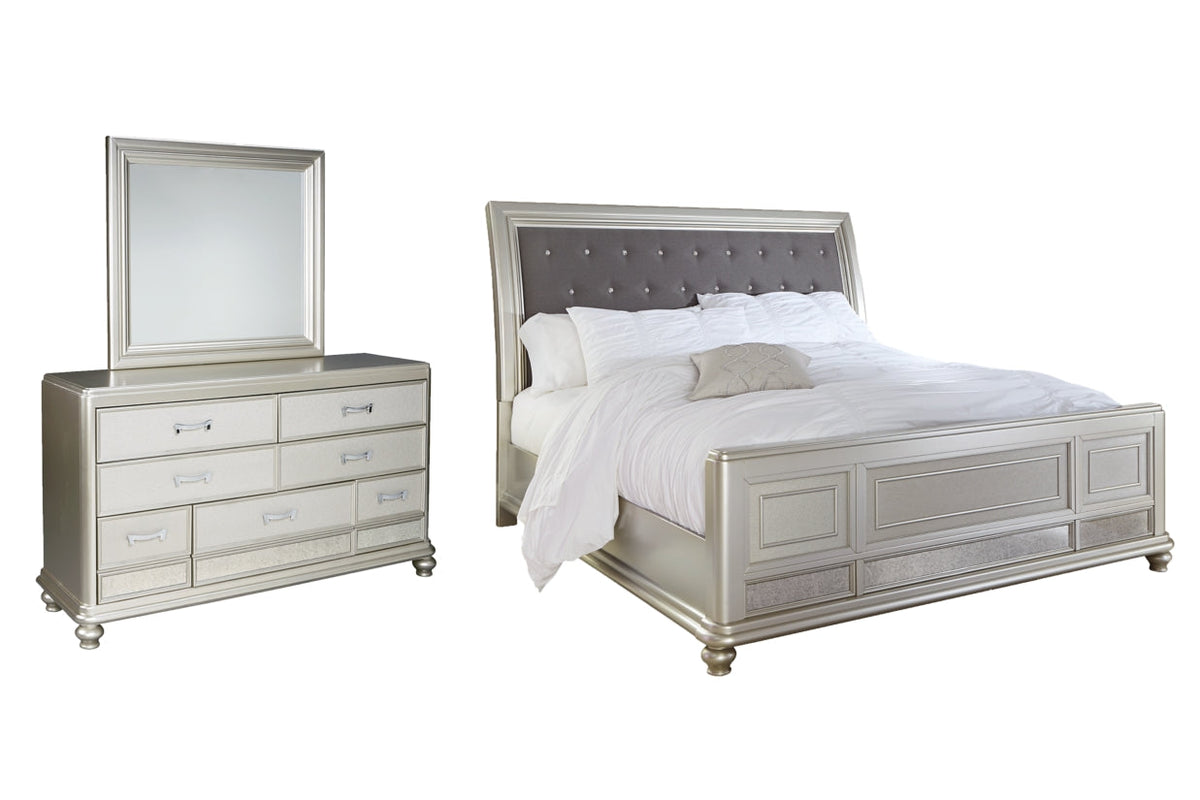 Coralayne California King Upholstered Sleigh Bed with Mirrored Dresser - PKG007854 - furniture place usa