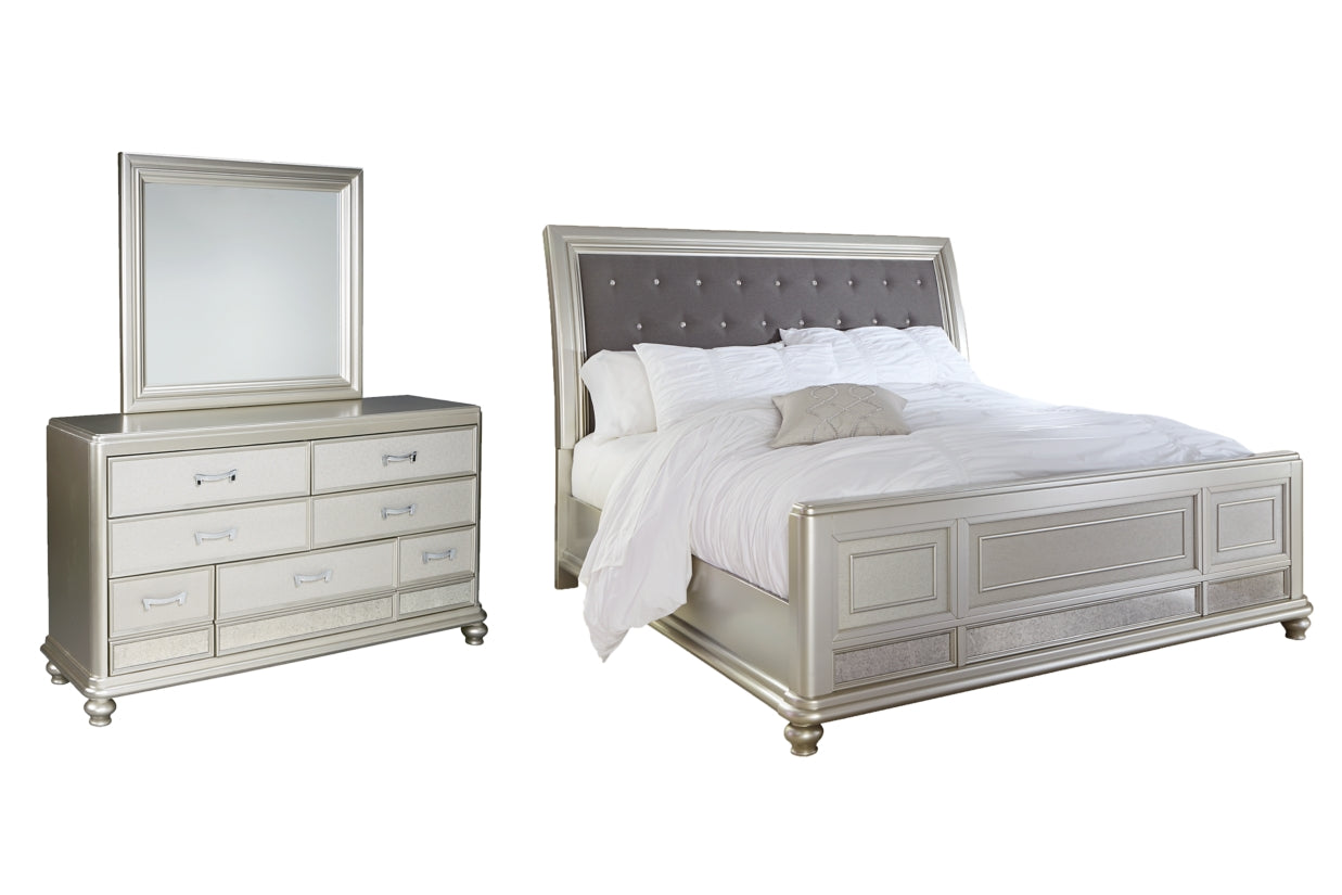 Coralayne California King Upholstered Sleigh Bed with Mirrored Dresser - PKG007854 - furniture place usa