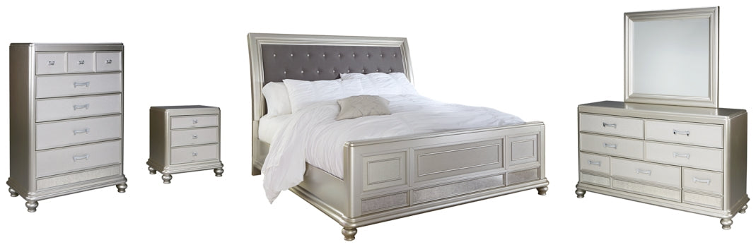 Coralayne King Upholstered Sleigh Bed with Mirrored Dresser, Chest and Nightstand - PKG007846 - furniture place usa