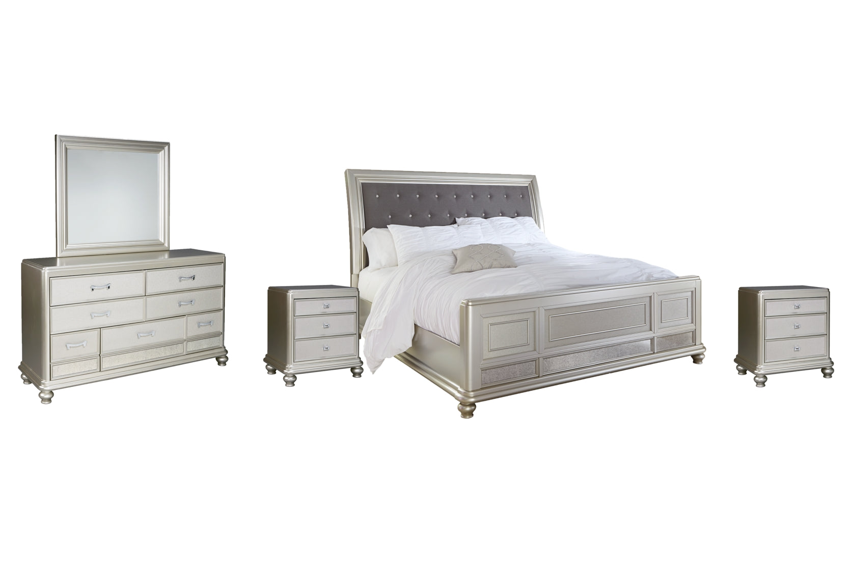 Coralayne King Upholstered Sleigh Bed with Mirrored Dresser and 2 Nightstands - PKG007844 - furniture place usa