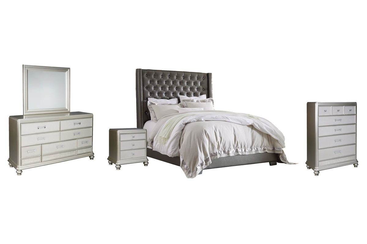 Coralayne Queen Upholstered Bed with Mirrored Dresser, Chest and Nightstand - PKG007770 - furniture place usa