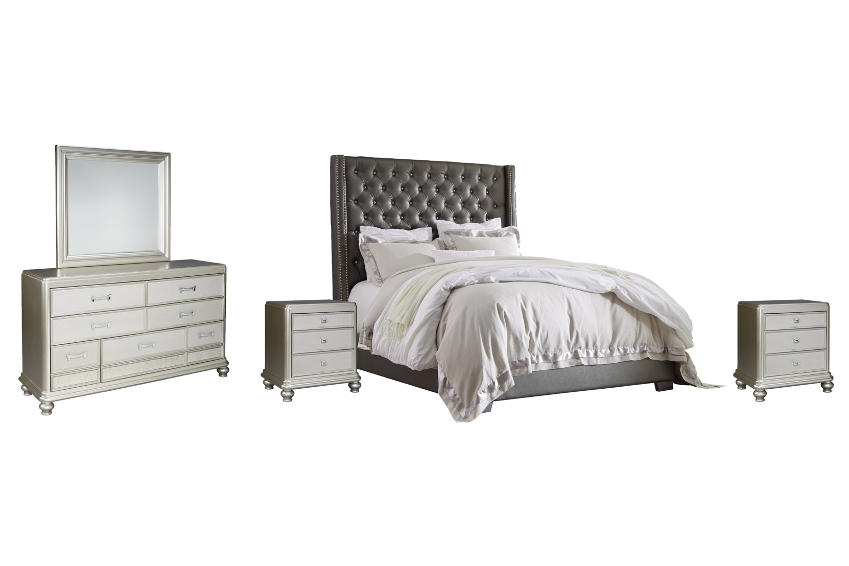 Coralayne Queen Upholstered Bed with Mirrored Dresser and 2 Nightstands - PKG007768 - furniture place usa