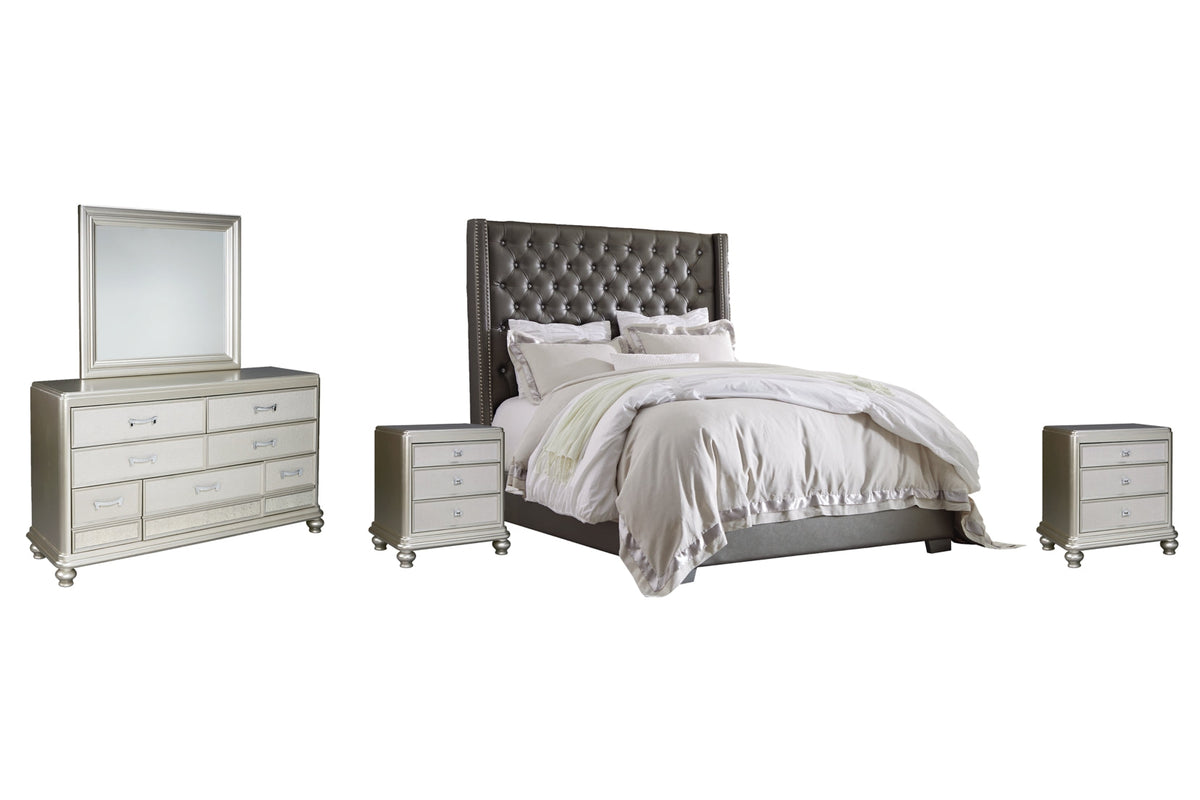 Coralayne Queen Upholstered Bed with Mirrored Dresser and 2 Nightstands - PKG007768 - furniture place usa
