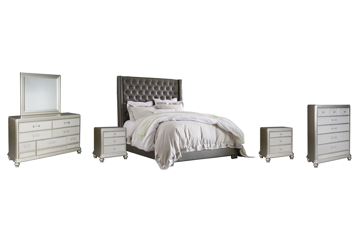 Coralayne King Upholstered Bed with Mirrored Dresser, Chest and 2 Nightstands - PKG007782 - furniture place usa