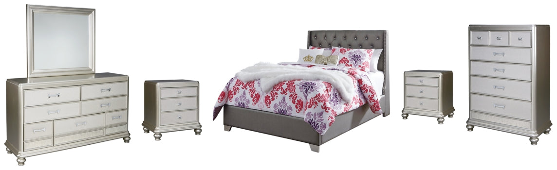 Coralayne Full Upholstered Bed with Mirrored Dresser, Chest and 2 Nightstands - PKG007804 - furniture place usa