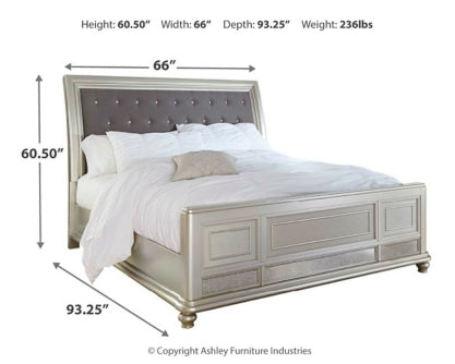 Coralayne Queen Upholstered Sleigh Bed with Mirrored Dresser, Chest and Nightstand - PKG007819 - furniture place usa