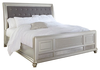 Coralayne California King Upholstered Sleigh Bed with Mirrored Dresser, Chest and Nightstand - PKG007862 - furniture place usa