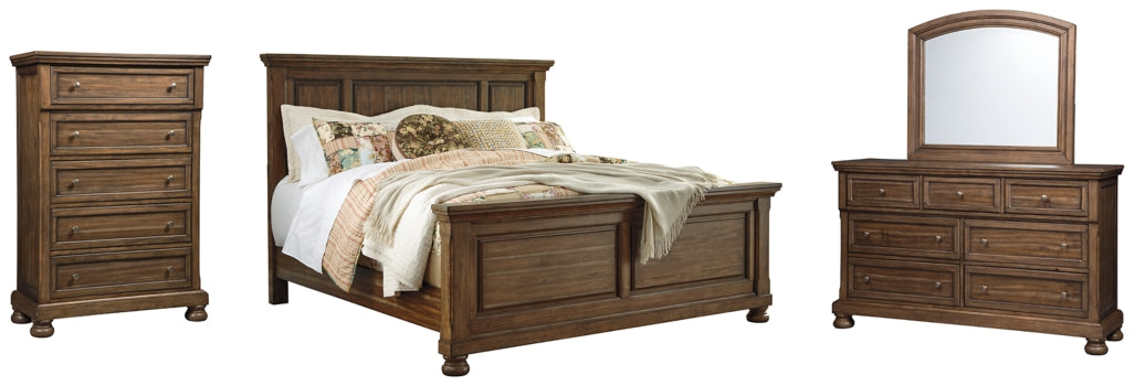 Flynnter Queen Panel Bed with Mirrored Dresser and Chest - furniture place usa