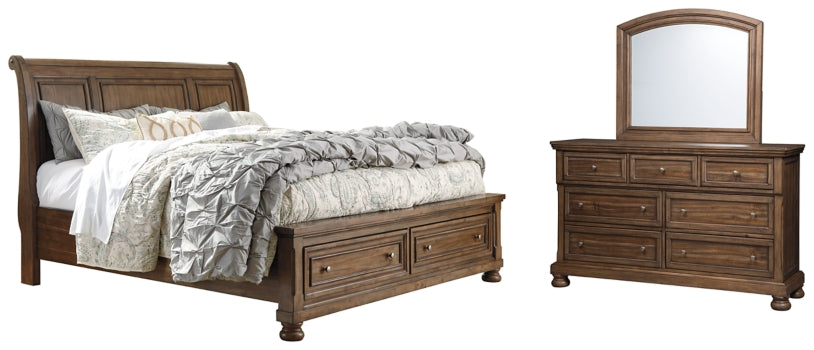 Flynnter Queen Sleigh Bed with 2 Storage Drawers with Mirrored Dresser - furniture place usa