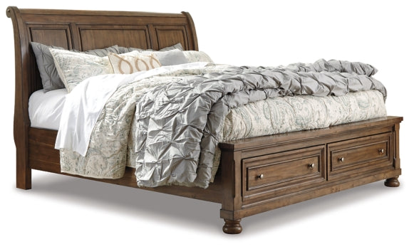 Flynnter Queen Sleigh Bed with 2 Storage Drawers with Mirrored Dresser and Chest - furniture place usa
