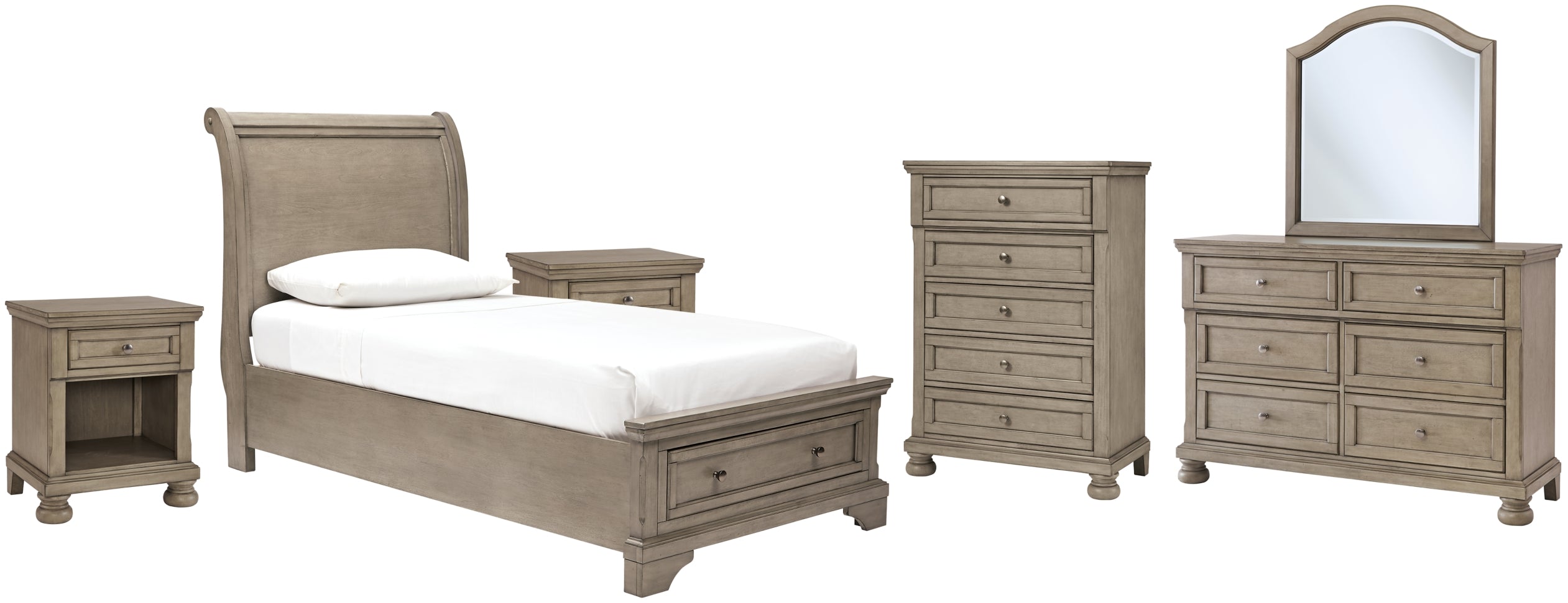 Lettner Twin Sleigh Bed with Mirrored Dresser, Chest and 2 Nightstands - furniture place usa