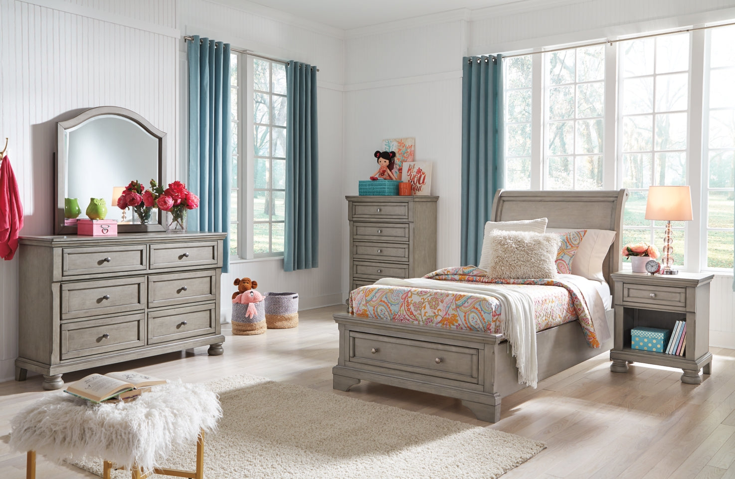 Lettner Twin Sleigh Bed with Mirrored Dresser, Chest and 2 Nightstands - furniture place usa