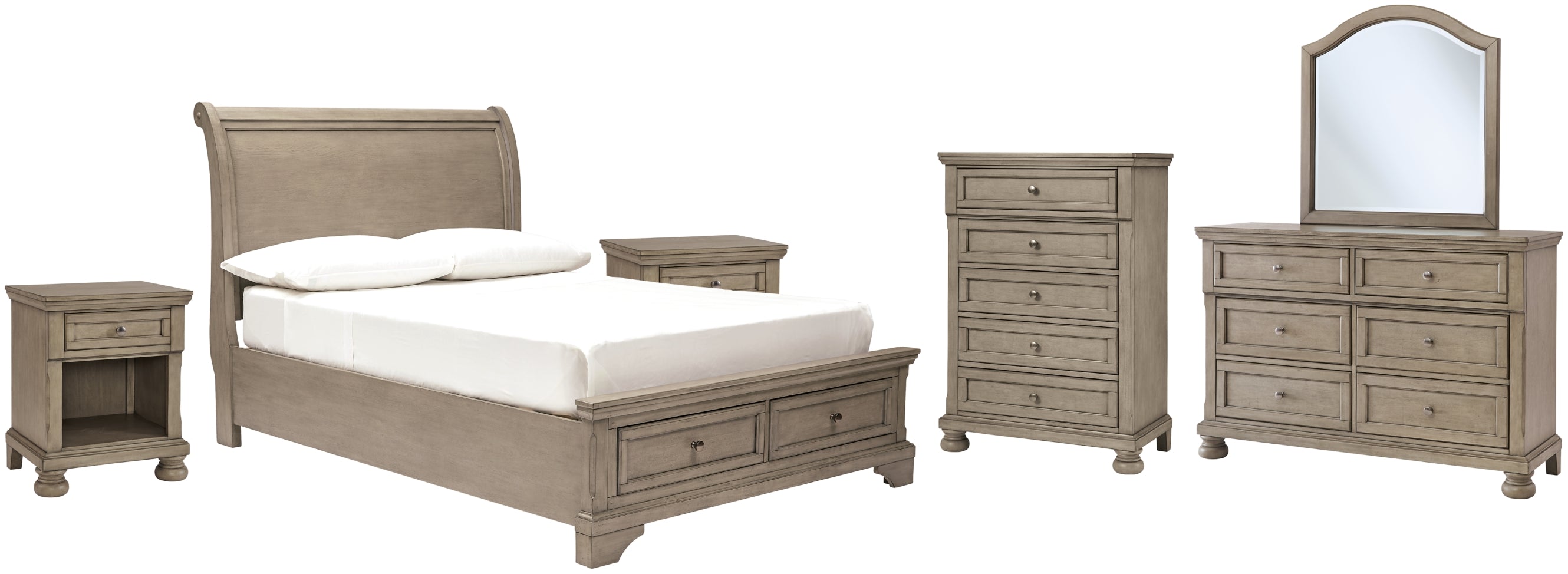 Lettner Full Sleigh Bed with Mirrored Dresser, Chest and 2 Nightstands - furniture place usa