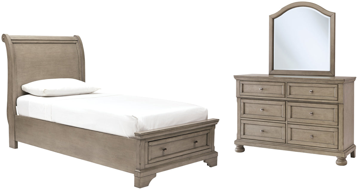 Lettner Twin Sleigh Bed with Mirrored Dresser - furniture place usa