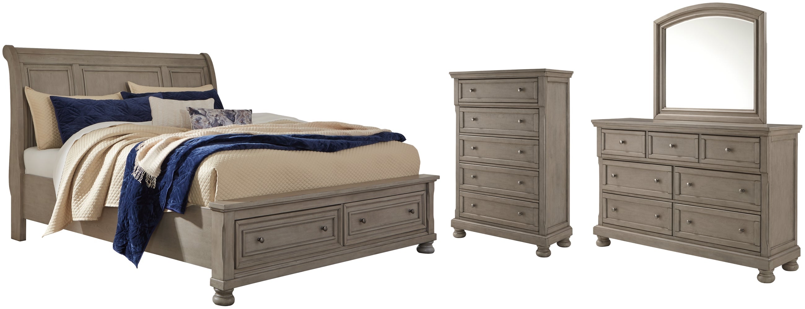 Lettner King Sleigh Bed with 2 Storage Drawers with Mirrored Dresser and Chest - furniture place usa
