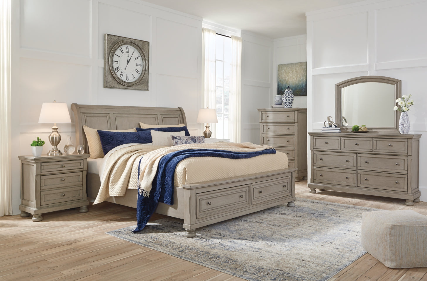 Lettner Queen Sleigh Bed with 2 Storage Drawers with Mirrored Dresser - furniture place usa