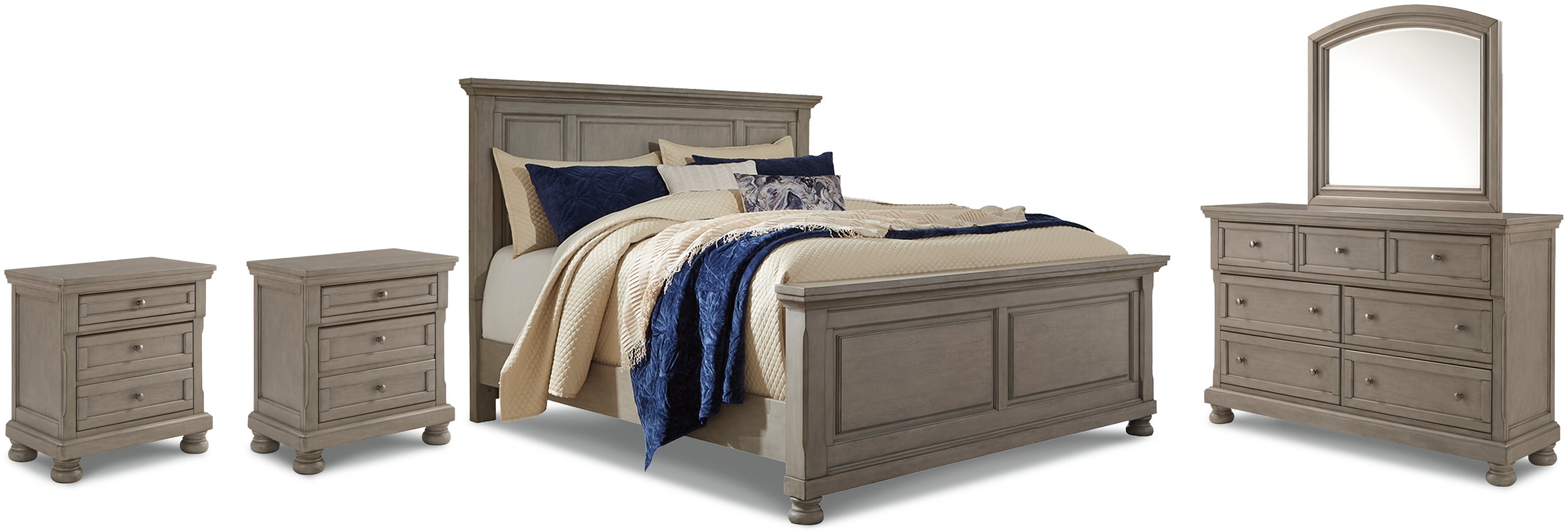 Lettner Queen Panel Bed with Mirrored Dresser and 2 Nightstands - PKG006577 - furniture place usa