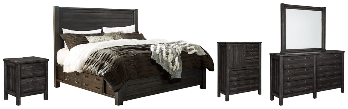 Baylow Queen Panel Bed with 4 Storage Drawers with Mirrored Dresser, Chest and Nightstand - furniture place usa