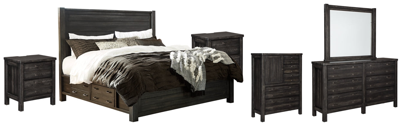 Baylow Queen Panel Bed with 4 Storage Drawers with Mirrored Dresser, Chest and 2 Nightstands - furniture place usa