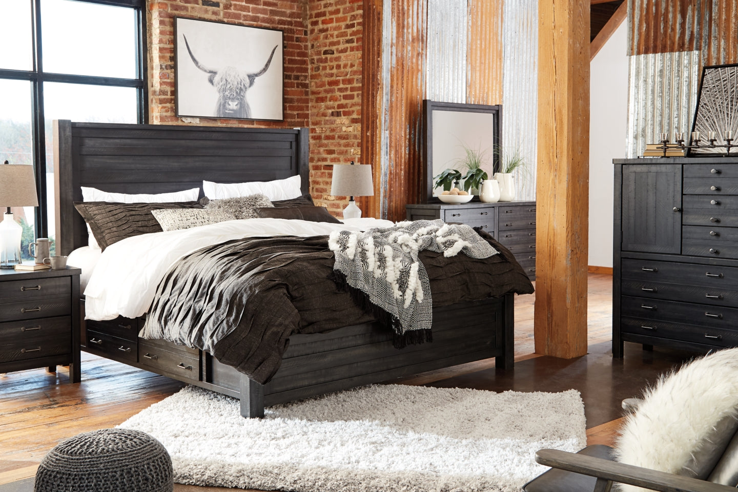Baylow Queen Panel Bed with 4 Storage Drawers with Mirrored Dresser and Chest - furniture place usa