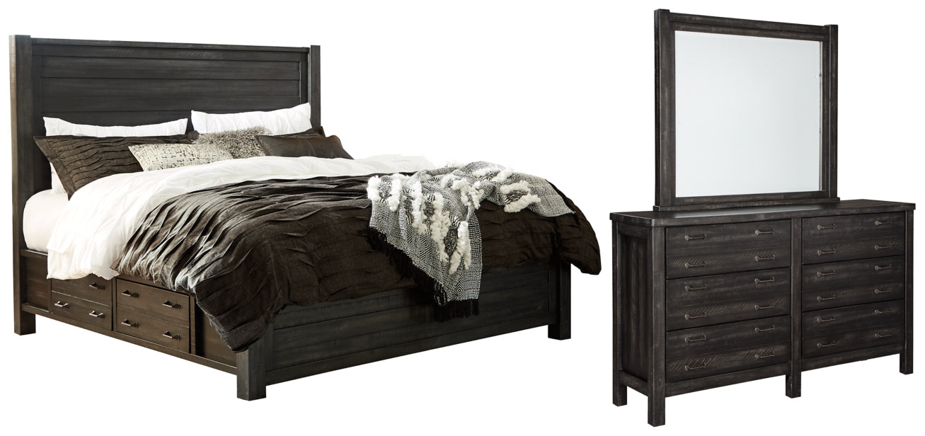 Baylow Queen Panel Bed with 4 Storage Drawers with Mirrored Dresser - furniture place usa