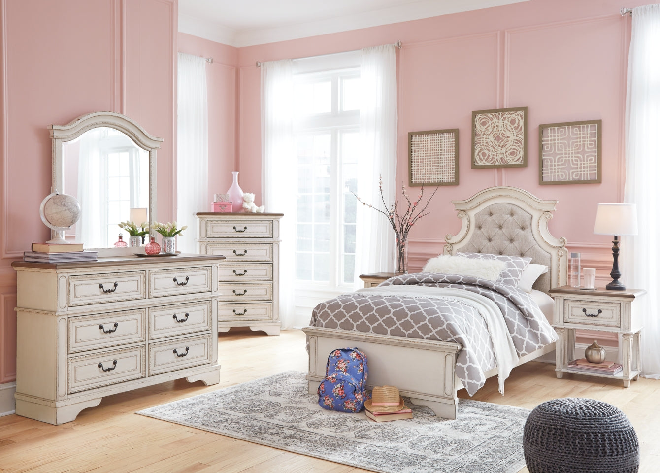 Realyn Twin Panel Bed with Mirrored Dresser, Chest and 2 Nightstands - furniture place usa