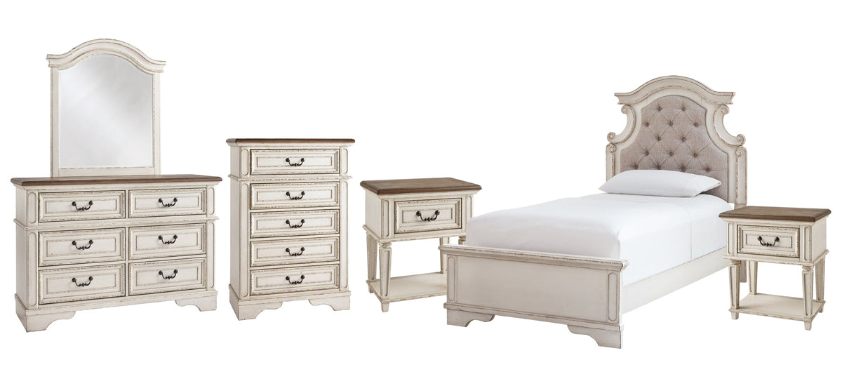 Realyn Twin Panel Bed with Mirrored Dresser, Chest and 2 Nightstands - furniture place usa