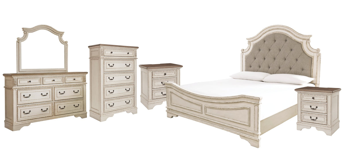 Realyn Queen Upholstered Panel Bed with Mirrored Dresser, Chest and 2 Nightstands - furniture place usa