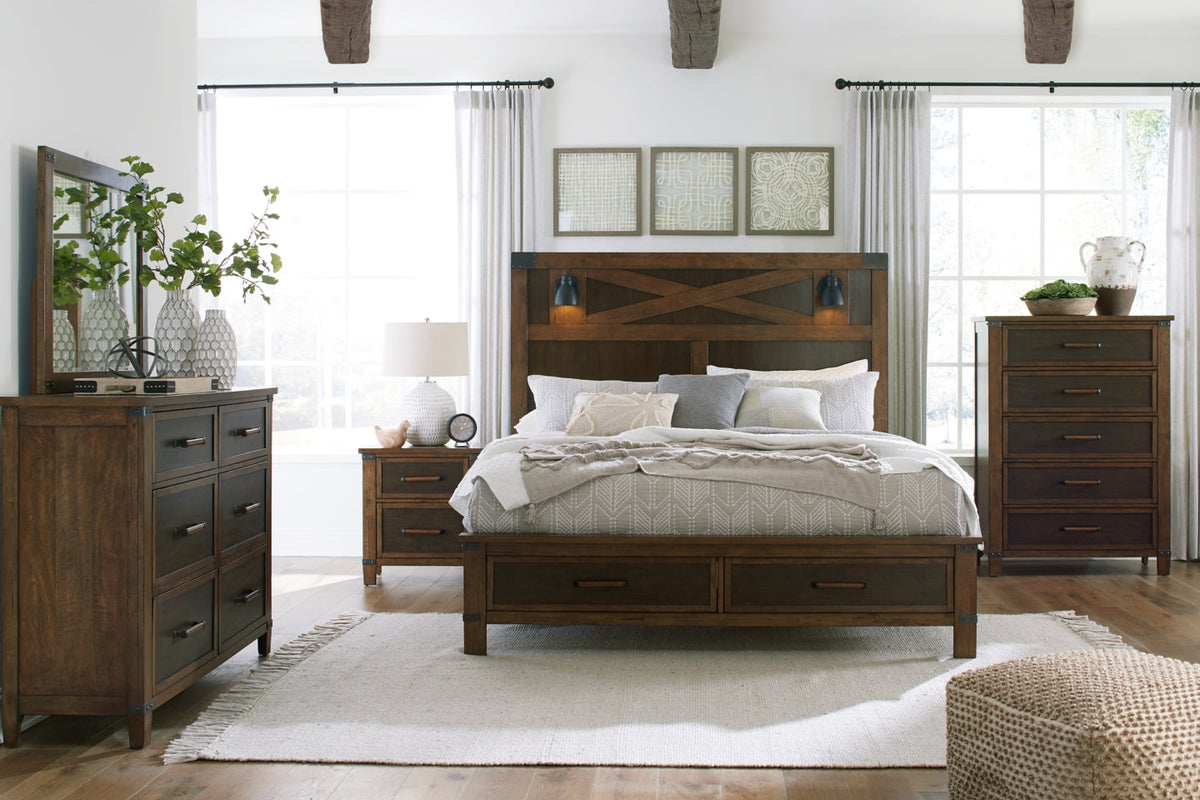 Wyattfield Queen Panel Bed with Storage with Mirrored Dresser, Chest and Nightstand - furniture place usa