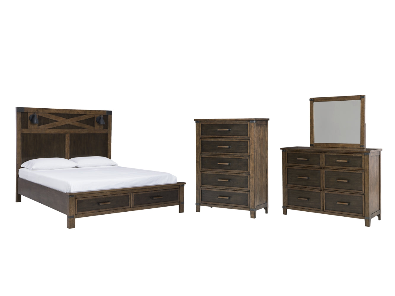 Wyattfield King Panel Bed with Mirrored Dresser and Chest - furniture place usa