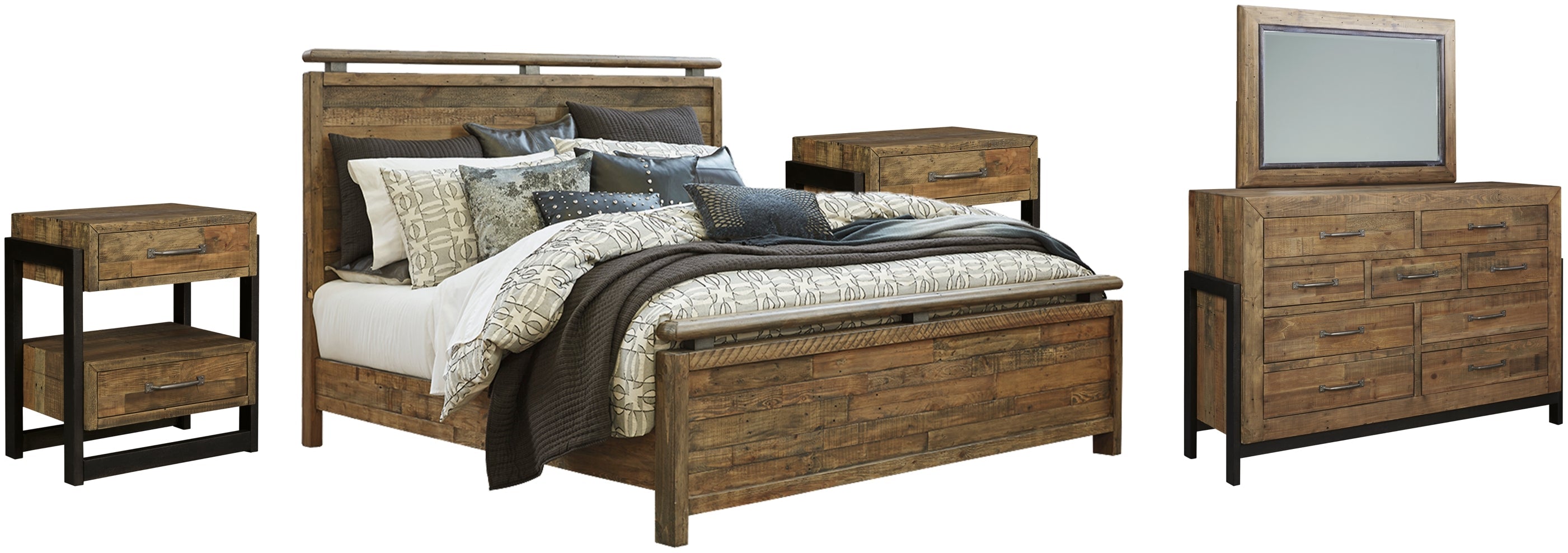Sommerford Queen Panel Bed with Mirrored Dresser and 2 Nightstands - furniture place usa