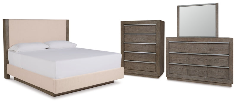 Anibecca Queen Upholstered Panel Bed with Mirrored Dresser and Chest - furniture place usa