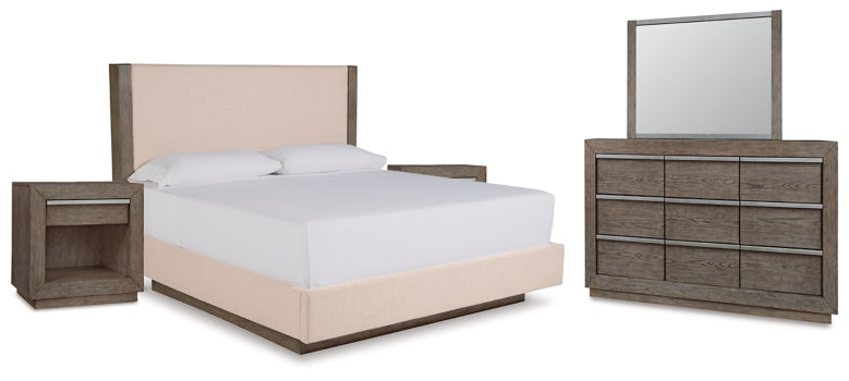 Anibecca Queen Upholstered Panel Bed with Mirrored Dresser and 2 Nightstands - furniture place usa