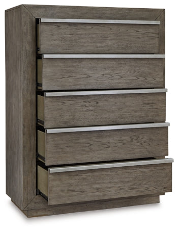Anibecca Queen Upholstered Panel Bed with Mirrored Dresser and Chest - furniture place usa