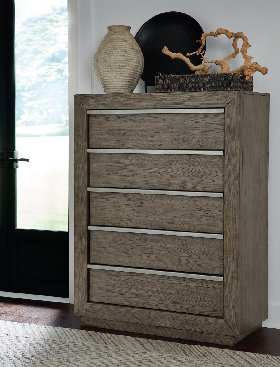 Anibecca Queen Upholstered Panel Bed with Mirrored Dresser and Chest - furniture place usa