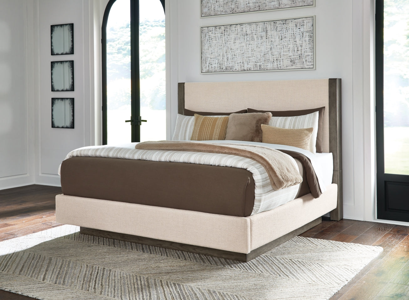 Anibecca Queen Upholstered Panel Bed with Mirrored Dresser, Chest and 2 Nightstands - furniture place usa