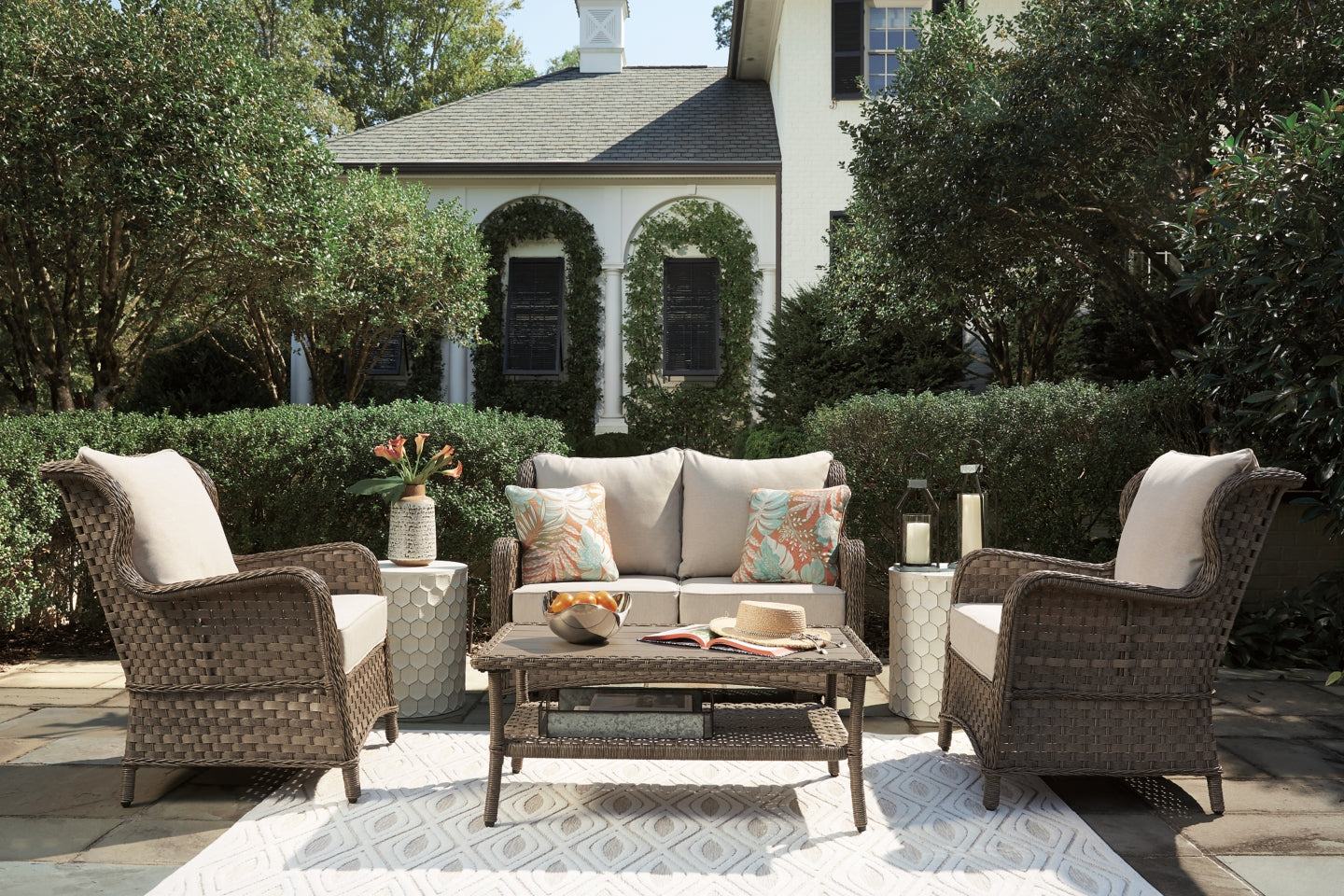 Clear Ridge Outdoor Loveseat and 2 Chairs with Coffee Table - furniture place usa