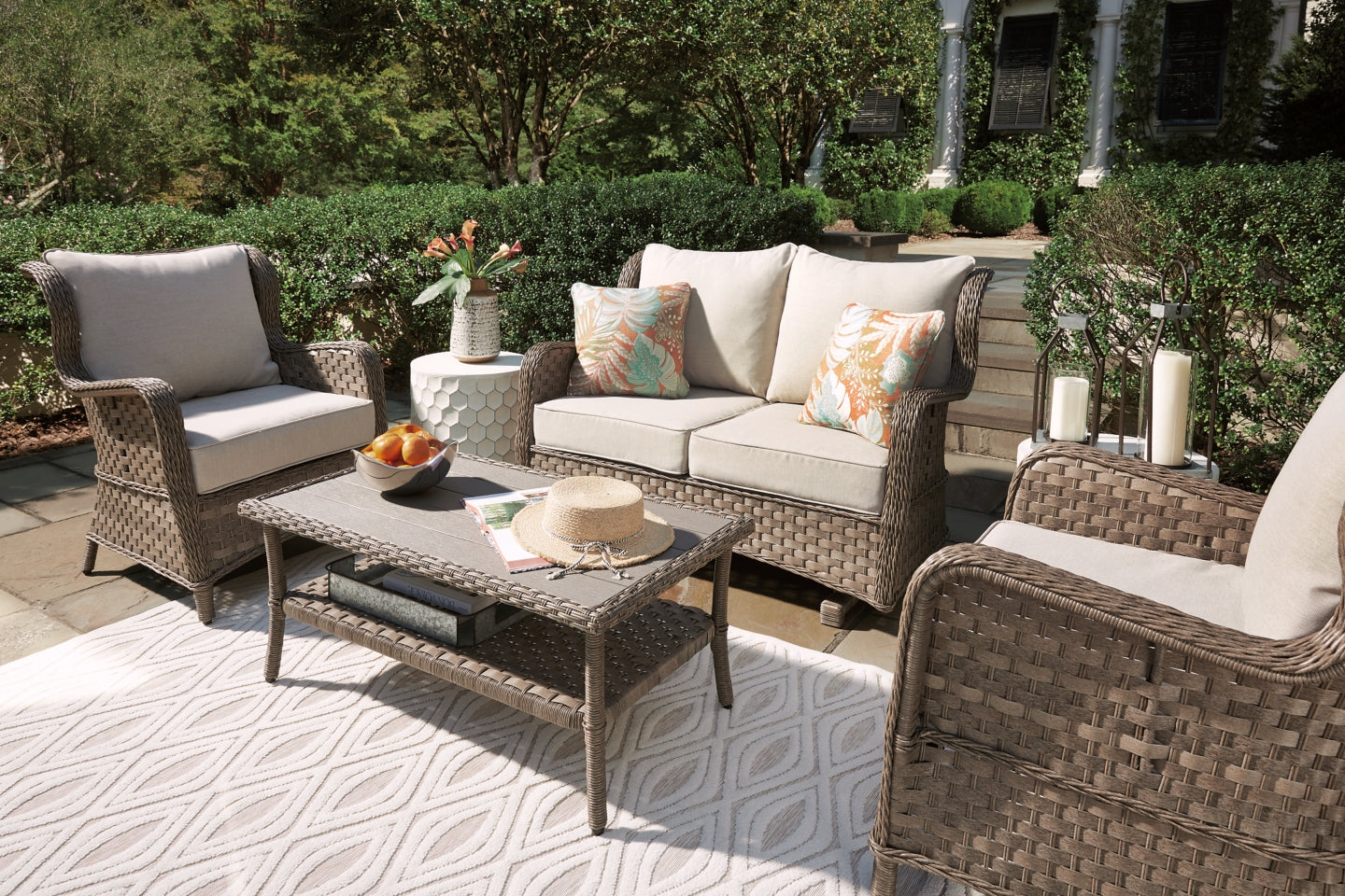 Clear Ridge Outdoor Loveseat and 2 Chairs with Coffee Table - furniture place usa