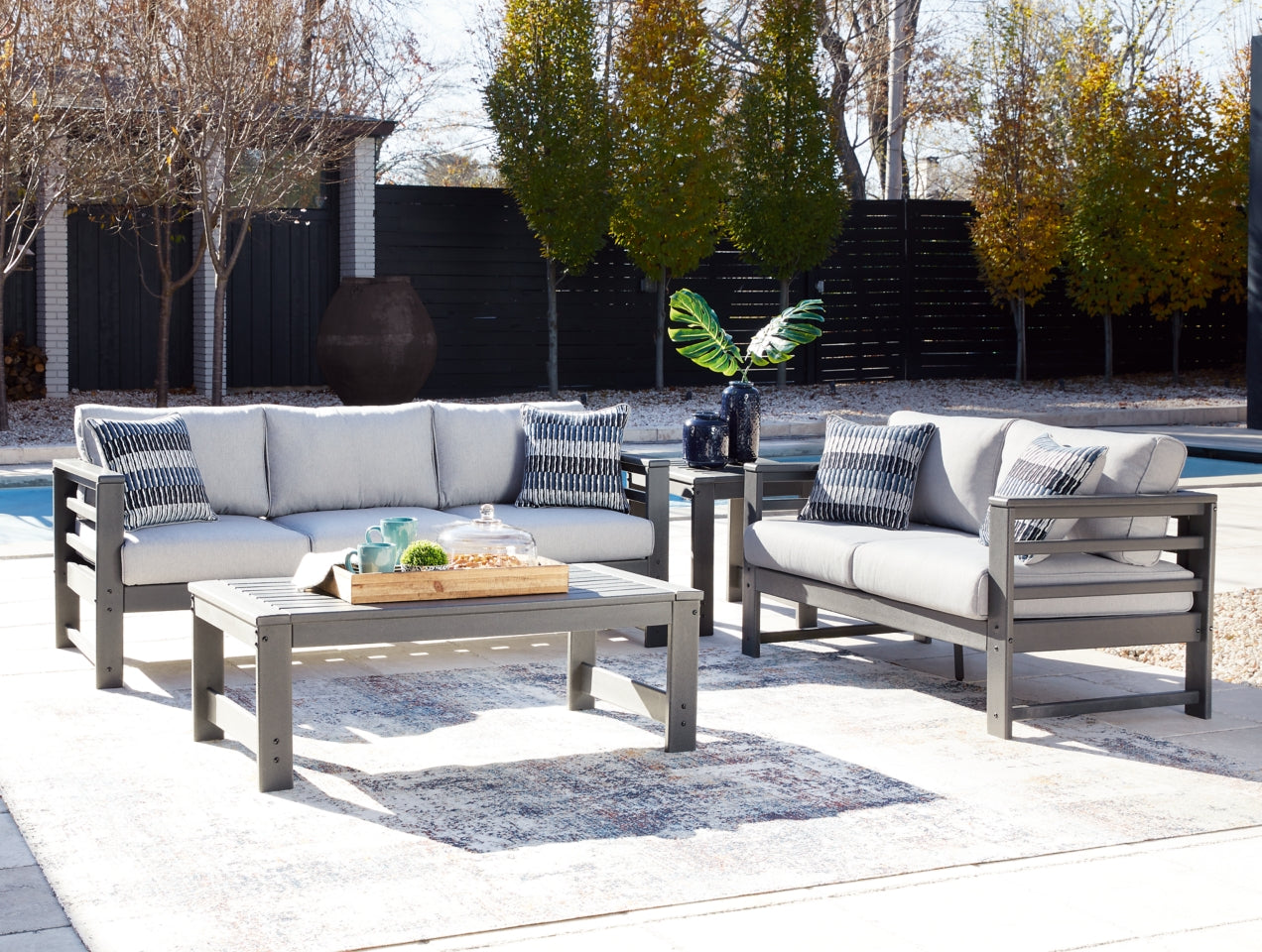 Amora Outdoor Sofa and Loveseat with Coffee Table and 2 End Tables - furniture place usa
