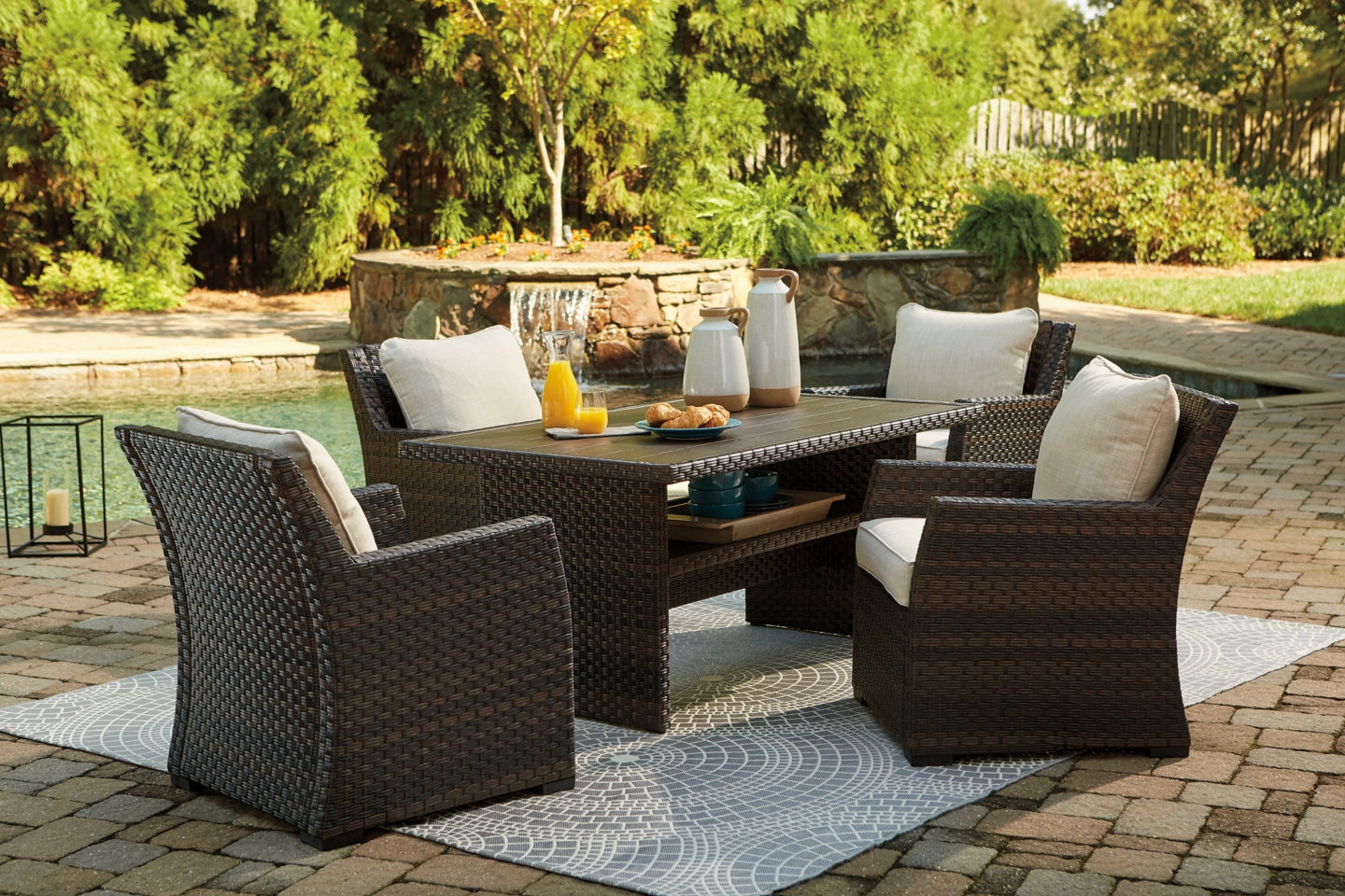 Paradise Trail Outdoor Loveseat and 2 Lounge Chairs with Fire Pit Table - furniture place usa