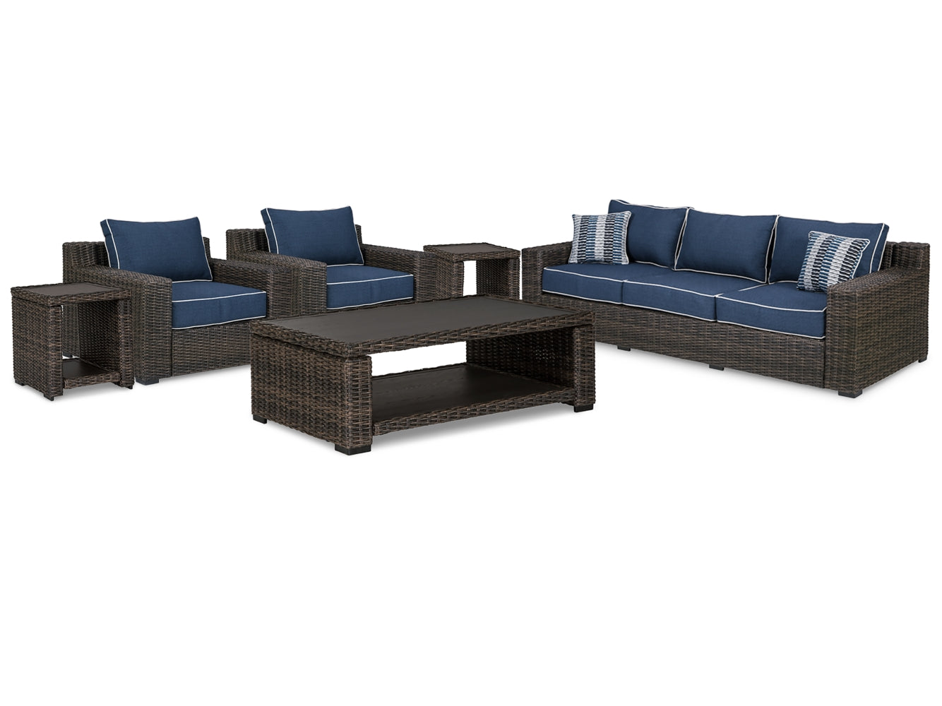 Grasson Lane Outdoor Sofa and  2 Lounge Chairs with Coffee Table and 2 End Tables - furniture place usa