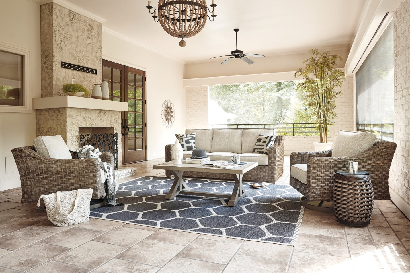 Beachcroft Outdoor Sofa with Coffee Table and 2 End Tables - furniture place usa
