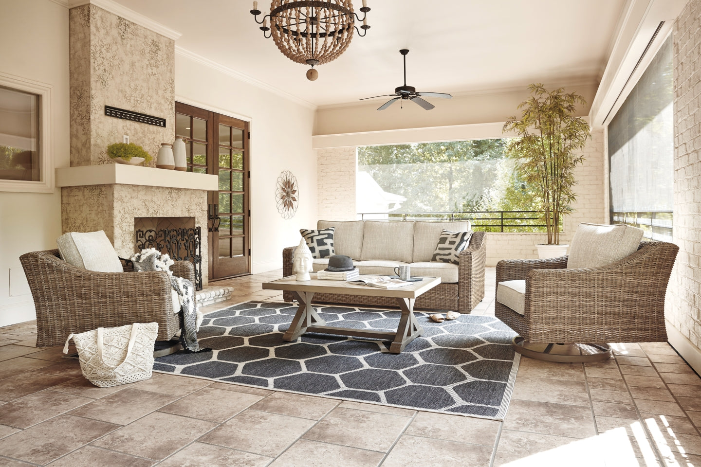 Beachcroft Outdoor Sofa with Coffee Table and 2 End Tables - furniture place usa