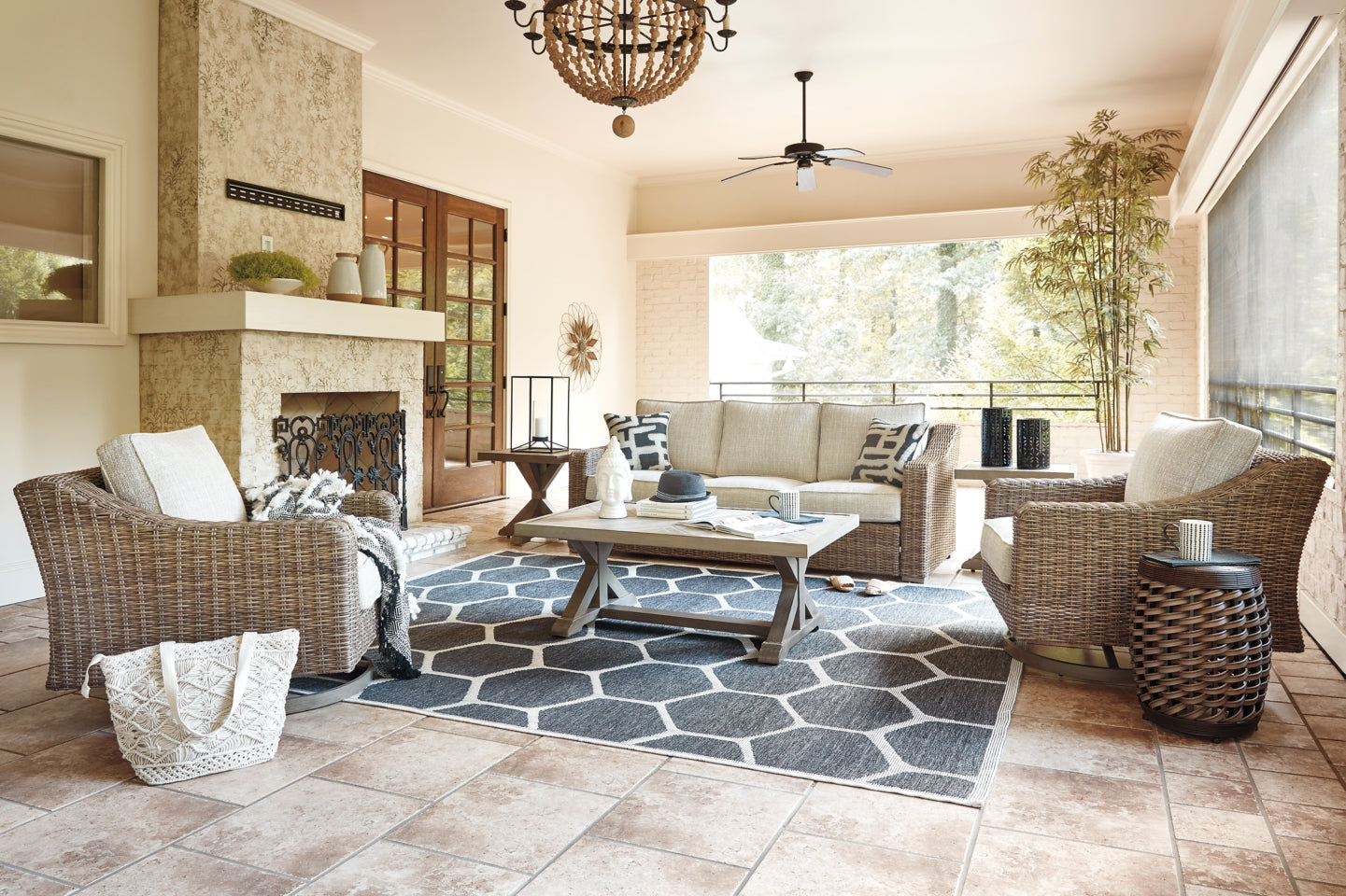 Beachcroft Outdoor Sofa and  2 Lounge Chairs with Coffee Table and 2 End Tables - furniture place usa