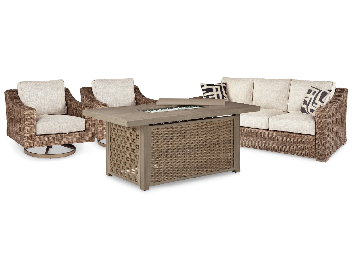 Beachcroft Outdoor Sofa and 2 Lounge Chairs with Fire Pit Table - PKG014579 - furniture place usa