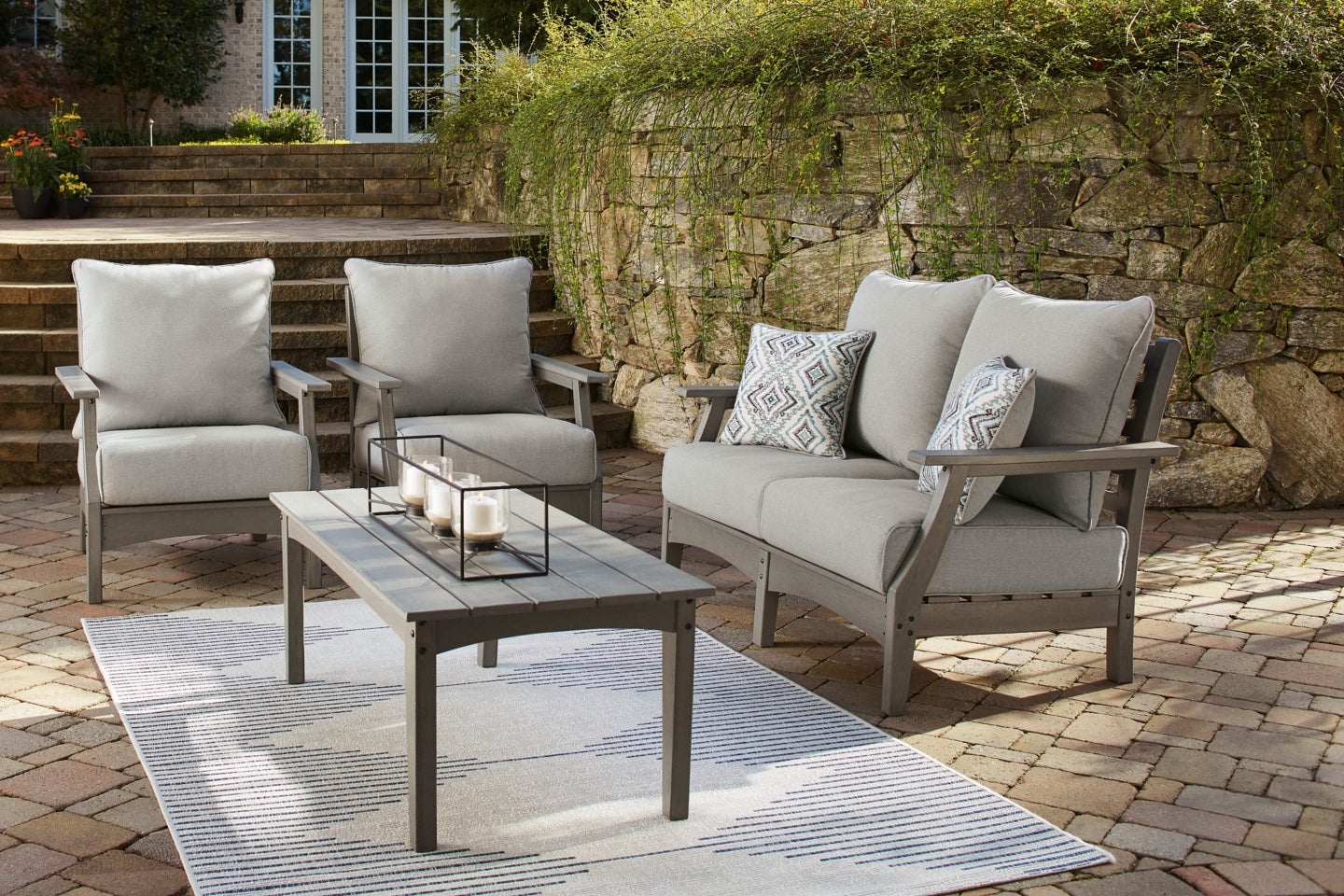 Visola Outdoor Loveseat, 2 Lounge Chairs and Coffee Table - furniture place usa